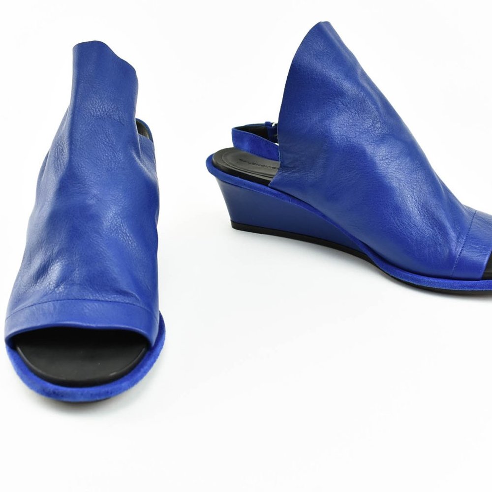 Balenciaga Cobalt Blue Leather Peep-Toe Wedge Sandals
